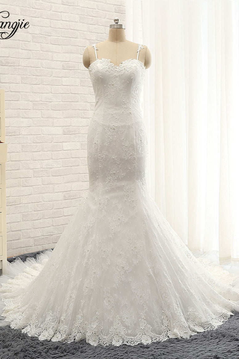 Sexy Spaghetti Straps Sleeveless Wedding Dresses With Appliques White Mermaid Lace Bridal Gowns Online-27dress