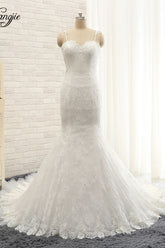 Sexy Spaghetti Straps Sleeveless Wedding Dresses With Appliques White Mermaid Lace Bridal Gowns Online-27dress