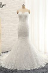 Sexy Spaghetti Straps Sleeveless Wedding Dresses With Appliques White Mermaid Lace Bridal Gowns Online-27dress