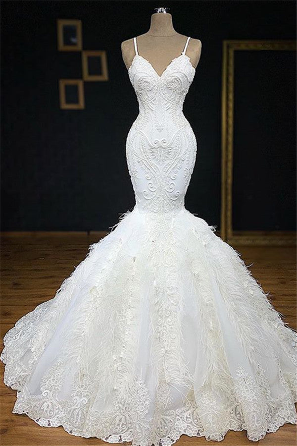 Sexy Spaghetti Straps Sleeveless White Wedding Dresses With Appliques Mermaid Sleeveless Bridal Gowns On Sale-27dress