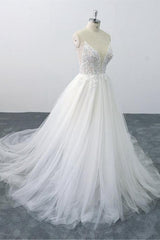 Sexy Spaghetti Straps Tulle Lace Wedding Dress V-Neck Ruffles Appliques Bridal Gowns Online-27dress