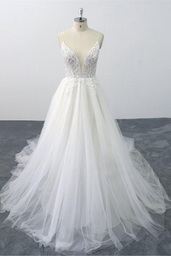 Sexy Spaghetti Straps Tulle Lace Wedding Dress V-Neck Ruffles Appliques Bridal Gowns Online-27dress