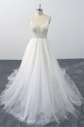 Sexy Spaghetti Straps Tulle Lace Wedding Dress V-Neck Ruffles Appliques Bridal Gowns Online-27dress