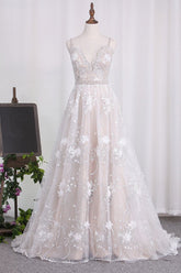 Sexy Spaghetti Straps Tulle Wedding Dress Backless Lace Beadings Bridal Gowns with Flowers-27dress