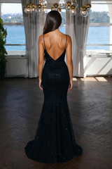 Sexy Spaghetti Straps V-neck Sequined Long Prom Dress-27dress