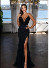 Sexy Spaghetti Straps V-neck Sequined Long Prom Dress-27dress