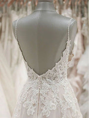 Sexy Spaghetti Straps V-neck Tulle Wedding Dress Lace Appliques Ruffles Bridal Gowns On Sale-27dress