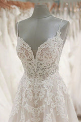 Sexy Spaghetti Straps V-neck Tulle Wedding Dress Lace Appliques Ruffles Bridal Gowns On Sale-27dress