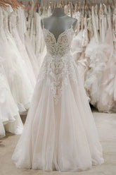 Sexy Spaghetti Straps V-neck Tulle Wedding Dress Lace Appliques Ruffles Bridal Gowns On Sale-27dress