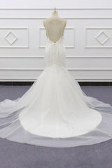 Sexy Spaghetti Straps White Mermaid Wedding Dresses Tulle Sleeveless Bridal Gowns With Appliques On Sale-27dress