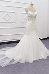 Sexy Spaghetti Straps White Mermaid Wedding Dresses Tulle Sleeveless Bridal Gowns With Appliques On Sale-27dress