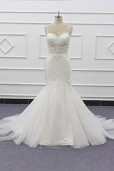Sexy Spaghetti Straps White Mermaid Wedding Dresses Tulle Sleeveless Bridal Gowns With Appliques On Sale-27dress