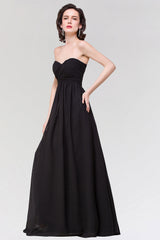 Sexy Strapless Sweetheart Long Black Chiffon Bridesmaid Dress with Ruffles-27dress