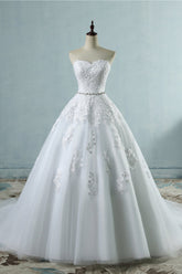 Sexy Strapless Sweetheart Tulle Wedding Dress Sleeveless Appliques Bridal Gowns with Beadings Sash-27dress