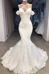 Sexy Sweetheart Off-the-shoulder White Wedding Dresses Mermaid Lace Bridal Gowns With Appliques Online-27dress