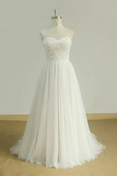 Sexy Sweetheart White Tulle Wedding Dress Lace A-line Ruffles Bridal Gowns On Sale-27dress