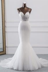 Sexy Tulle Spaghetti Straps Mermaid White Wedding Dresses with Rhinestones Online-27dress