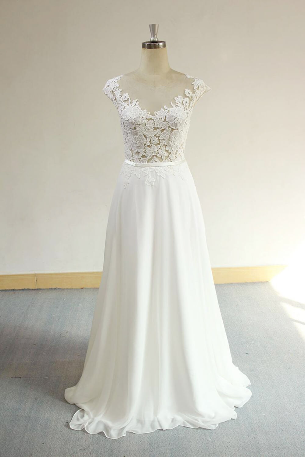 Sexy V-neck Appliques Sleeveless Wedding Dress A-line Chiffon White Bridal Gown On Sale-27dress