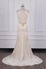 Sexy V-Neck Lace Appliques Wedding Dress Sleeveless Beadings Backless Bridal Gowns On Sale-27dress