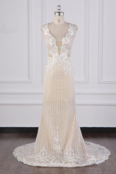 Sexy V-Neck Lace Appliques Wedding Dress Sleeveless Beadings Backless Bridal Gowns On Sale-27dress