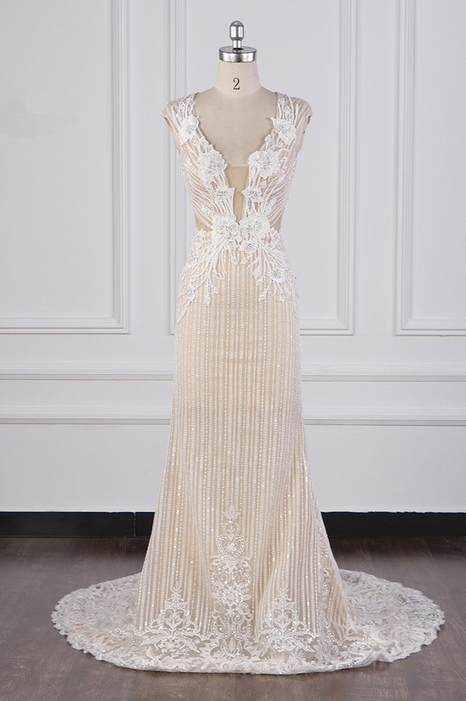 Sexy V-Neck Lace Appliques Wedding Dress Sleeveless Beadings Backless Bridal Gowns On Sale-27dress