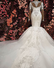 Sexy V-neck Longsleeves Lace Wedding Dresses With Appliques White Mermaid Bridal Gowns Online-27dress