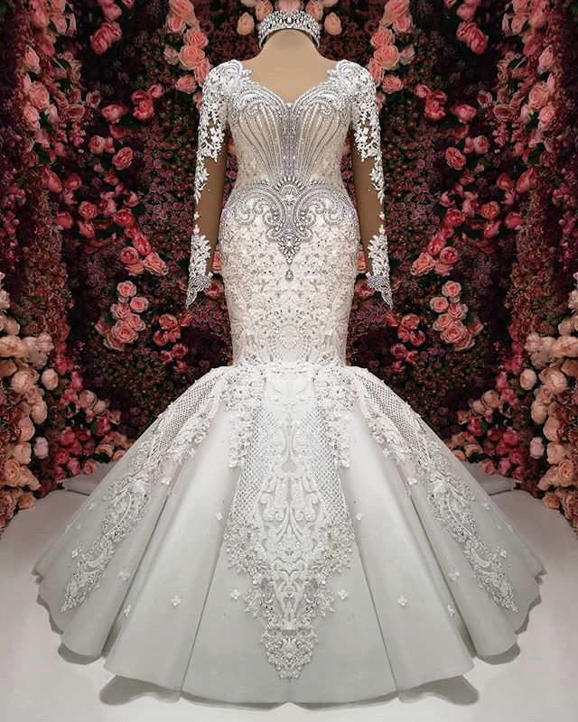 Sexy V-neck Longsleeves Lace Wedding Dresses With Appliques White Mermaid Bridal Gowns Online-27dress