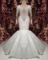 Sexy V-neck Longsleeves Lace Wedding Dresses With Appliques White Mermaid Bridal Gowns Online-27dress