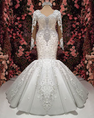 Sexy V-neck Longsleeves Lace Wedding Dresses With Appliques White Mermaid Bridal Gowns Online-27dress