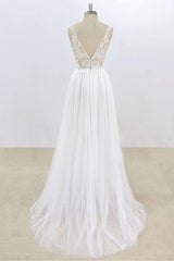 Sexy V-neck Sleeveless Straps Wedding Dresses White Tulle Ruffles Lace Bridal Gowns Online-27dress