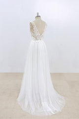 Sexy V-neck Sleeveless Straps Wedding Dresses White Tulle Ruffles Lace Bridal Gowns Online-27dress
