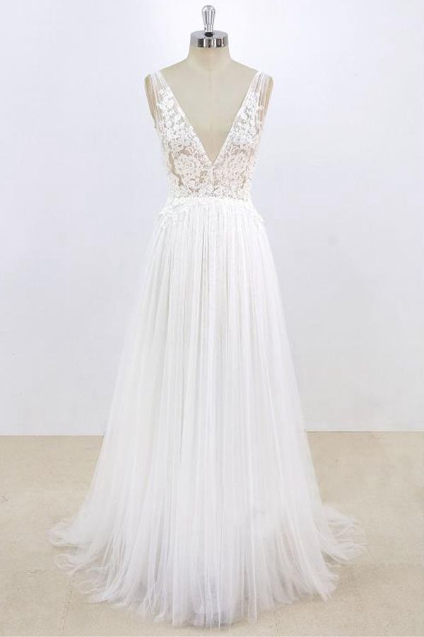 Sexy V-neck Sleeveless Straps Wedding Dresses White Tulle Ruffles Lace Bridal Gowns Online-27dress
