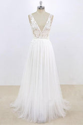 Sexy V-neck Sleeveless Straps Wedding Dresses White Tulle Ruffles Lace Bridal Gowns Online-27dress