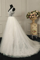 Sexy V-Neck Sleeveless Tulle Wedding Dress See Through Top Appliques Bridal Gowns On Sale-27dress