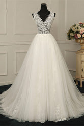 Sexy V-Neck Sleeveless Tulle Wedding Dress See Through Top Appliques Bridal Gowns On Sale-27dress