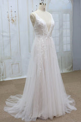 Sexy V-neck Straps Sleeveless Wedding Dresses Lace Appliques Tulle Bridal Gowns On Sale-27dress