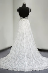 Sexy V-neck Tulle Lace Wedding Dress Spaghetti Straps V-Neck Appliques Bridal Gowns Online-27dress