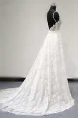 Sexy V-neck Tulle Lace Wedding Dress Spaghetti Straps V-Neck Appliques Bridal Gowns Online-27dress