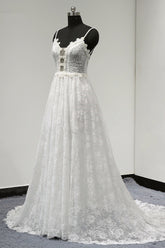 Sexy V-neck Tulle Lace Wedding Dress Spaghetti Straps V-Neck Appliques Bridal Gowns Online-27dress