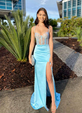 Sheath Sweetheart Sleeveless Prom Dresses With Split Front and Sweep Train Lace/Elastic Satin-27dress