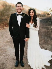 Sheath V-Neck Long Sleeves Tulle Wedding Dress with Lace Applique-27dress