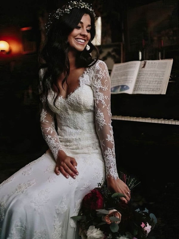 Sheath V-Neck Long Sleeves Tulle Wedding Dress with Lace Applique-27dress