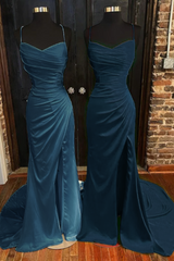 Sheath V-neck Spaghetti Sleeveless Sweep Train Ruffles Prom Dresses-27dress