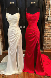 Sheath V-neck Spaghetti Sleeveless Sweep Train Ruffles Prom Dresses-27dress