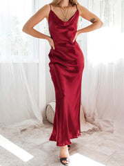Sheath/Column Cowl Neck Silk-like Satin Ankle-length Prom Dresses