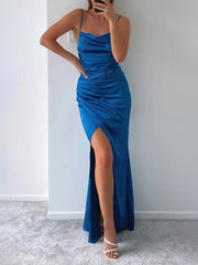 Sheath/Column Cowl Neck Silk-like Satin Floor-length Ruffles Prom Dresses