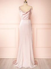 Sheath/Column Cowl Neck Silk-like Satin Sweep Train Bridesmaid Dresses