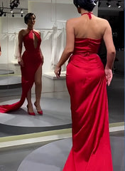 Sheath/Column Halter Satin Prom Dress With Split Front and Sweep Train-27dress