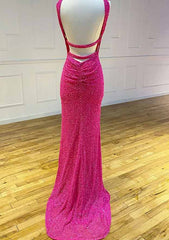 Sheath/Column Halter Sleeveless Sweep Train Velvet Sequins Prom Dress With Split-27dress