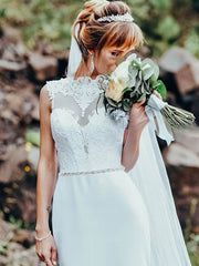 Sheath/Column Illusion Satin Sweep Train Wedding Dress with Appliques Lace